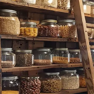 rustic root cellar racks with glass jars of pasta and grains