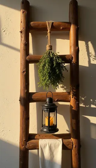 rustic wooden ladder with hanging herb bundle (basil hanging drying technique) and lantern in sunlit setting