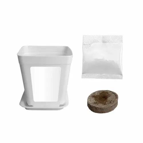 seed storage containers: white planting pot, seed packet, and compressed soil pellet for gardening