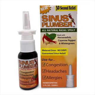 sinus plumber all natural nasal spray bottle and box (contains cayenne pepper) for congestion, headaches, allergies relief - 30 second relief, homeopathic