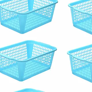 six light blue perforated plastic bins arranged in two rows
