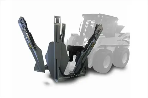 skid-steer loader with a baumalight root pruning shovel attachment for professional landscaping; essential for large-scale root management in gardens and forests