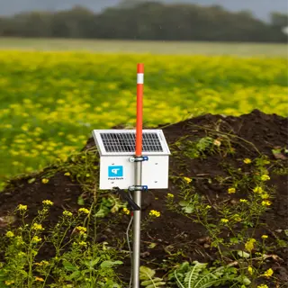 solar-powered soil moisture sensor in a field with yellow flowers