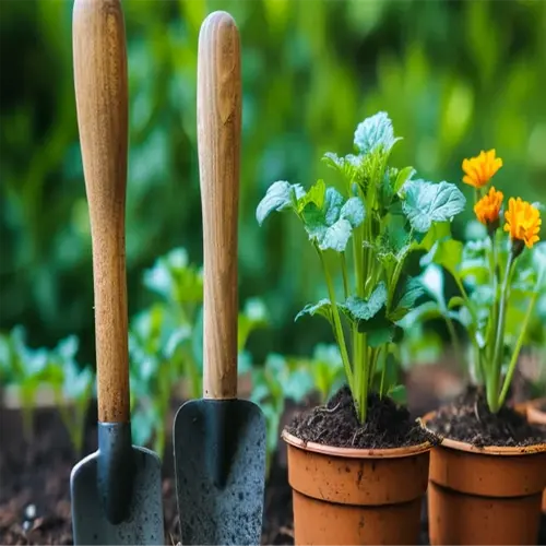 spring garden preparation tasks with potted plants and gardening tools