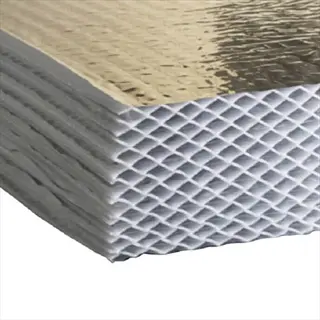 stack of aluminum reflector panels showing metallic reflective surface and honeycomb structural backing in close-up view
