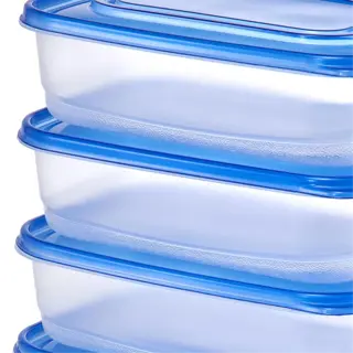 stack of four plastic containers with blue lids