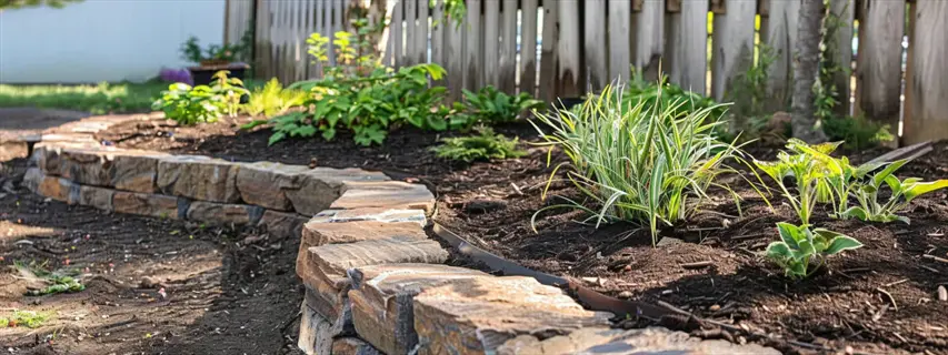 stone-edged mulch garden bed with diverse plants in a sunny backyard, wooden fence and building visible in background