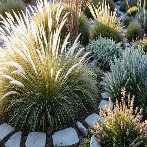 sunlit fountain grass garden featuring ornamental grasses and stone pathway