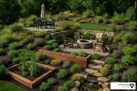 terraced berry garden with fire pit, stone steps, and outdoor seating on a sloped landscape