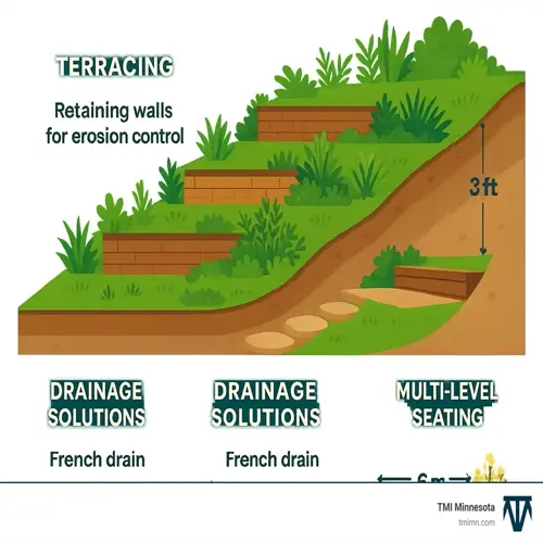 terraced water retention soil garden with retaining walls for erosion control, french drain drainage solutions, and multi-level seating steps