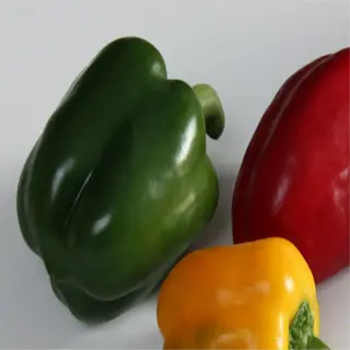 three colorful bell peppers - green, red, and yellow - on a white surface