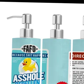 three light blue repellent dispensers with humorous labels