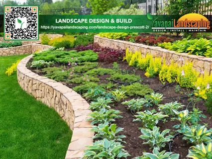 tiered stone-walled planters in a clay soil garden with vibrant foliage, featuring landscaping advertisement text elements