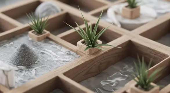 tiny potted air plants in isolated wooden grid compartments (indoor plant quarantine setup) with decorative stones and water elements