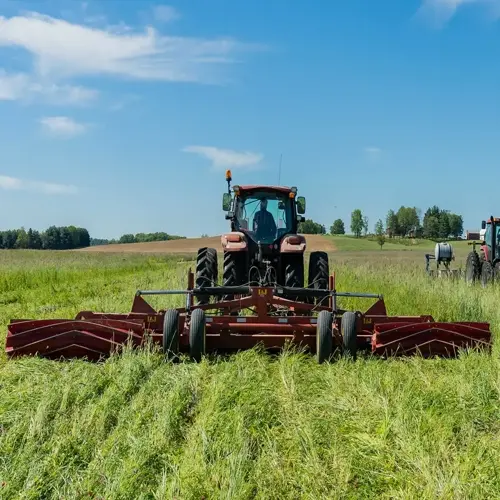 tractor with mower attachment working in a lush green cover crop field under clear blue sky