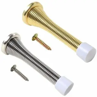 two door spring mechanisms (gold and silver) with white rubber tips and mounting screws, isolated on white background