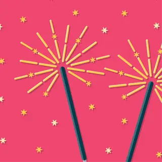 two illustrated sparklers with stars against a pink background