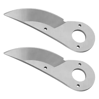 two metallic bypass pruner blades with curved cutting edges, circular mounting holes, and screw holes, isolated on white background