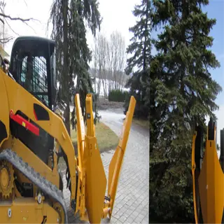 two views of a large yellow tree spade on a paved path