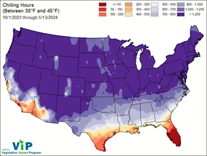 us map showing regional chill hour requirements 2023-2024 (35-45°f range) with color-coded zones from <50 to >1,200 chilling hours (vip source)