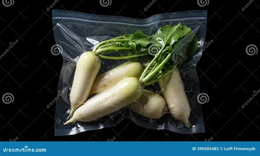 vacuum sealed radishes with vibrant green tops in a clear bag against black background, demonstrating the vacuum sealing preservation method