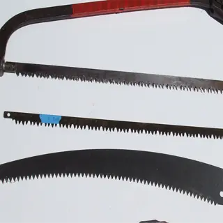 various pruning saws, including a bow saw, a folding saw, and a curved blade saw
