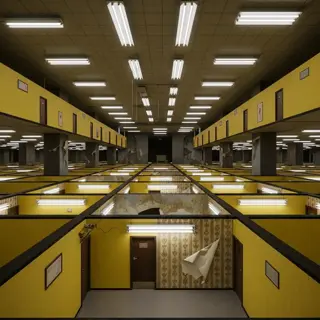 vast institutional interior with grid ceiling fluorescent lights, conceptually suitable for coleus cultivation using specialized grow systems