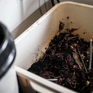 vermicomposting bin containing leaf mold compost (decomposed leaves), red wiggler worms, organic scraps, and gardening tools. the dark, crumbly material enriches soil for plant growth