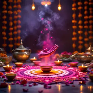 vibrant indian ritual scene with marigold garlands hanging under warm indoor lights, featuring a hand releasing smoke over an intricate rangoli surrounded by oil lamps and offerings