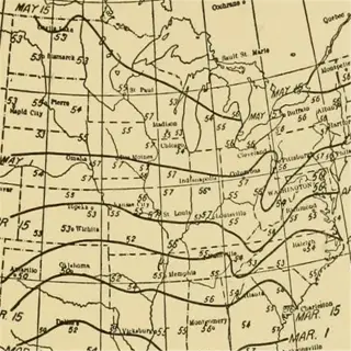 vintage map showing last frost date across the united states