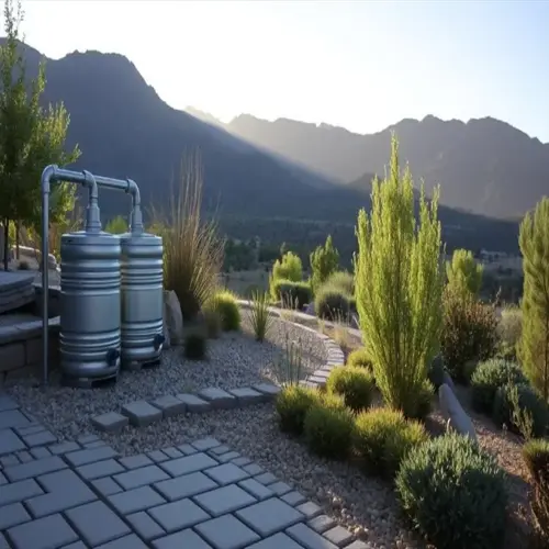water conservation garden featuring rainwater harvesting tanks, drought-tolerant plants, gravel mulch, and stone pathways with mountain backdrop at sunrise