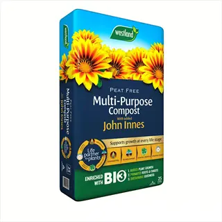 westland 25l peat-free multi-purpose compost bag with added john innes, featuring sunflowers and bio3 enrichment. this john innes compost supports growth at every life stage