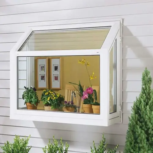 white garden window box herbs kitchen with potted plants and flowers, exterior view into a functional kitchen interior