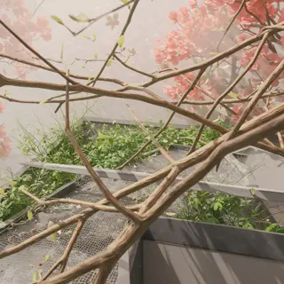 winter garden habitat: bare tree branches, red flowering plants, and green shrubs in a misty garden setting, demonstrating seasonal maintenance for wildlife habitats