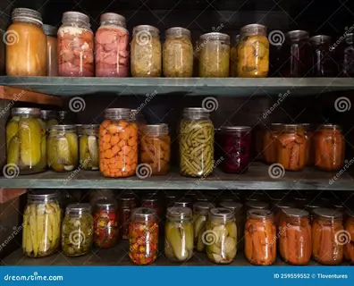 wooden shelves displaying home-canned okra and preserved vegetables in glass jars: pickled okra, carrots, green beans, beets, and cucumbers