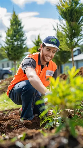worker wearing safety glasses gardening in outdoor plot, kneeling to plant young trees while wearing branded cap and vest