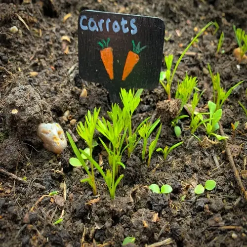 young carrot seedlings growing in fertile soil with a garden marker labeled 'carrots' and drawn carrot icons - representing carrot seeds soil cultivation